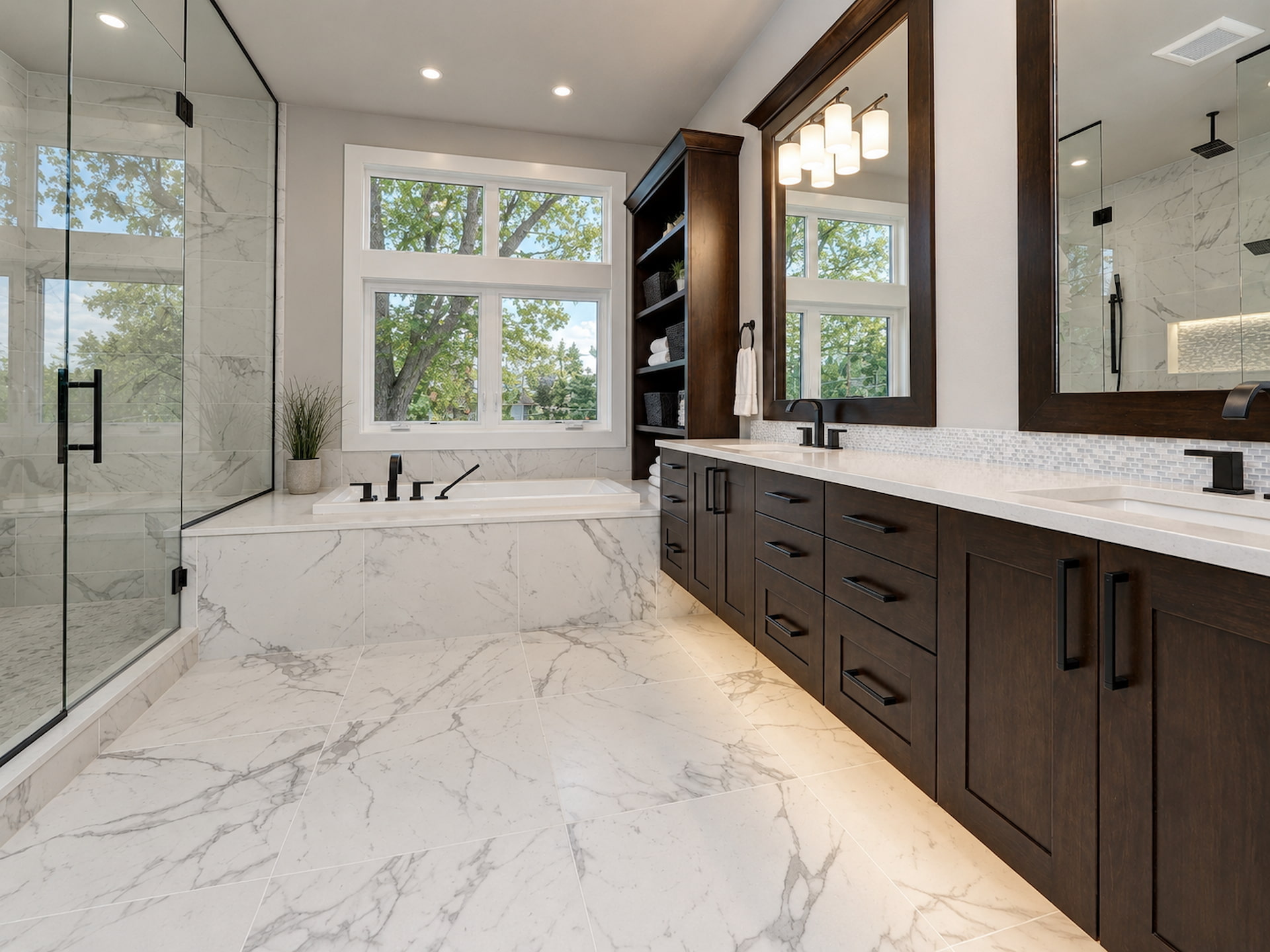 Master bathroom remodel with dark walnut vanity, soaking tub, marble tile surround, and frameless glass shower by Qualified Carpentry in Sioux Falls South Dakota