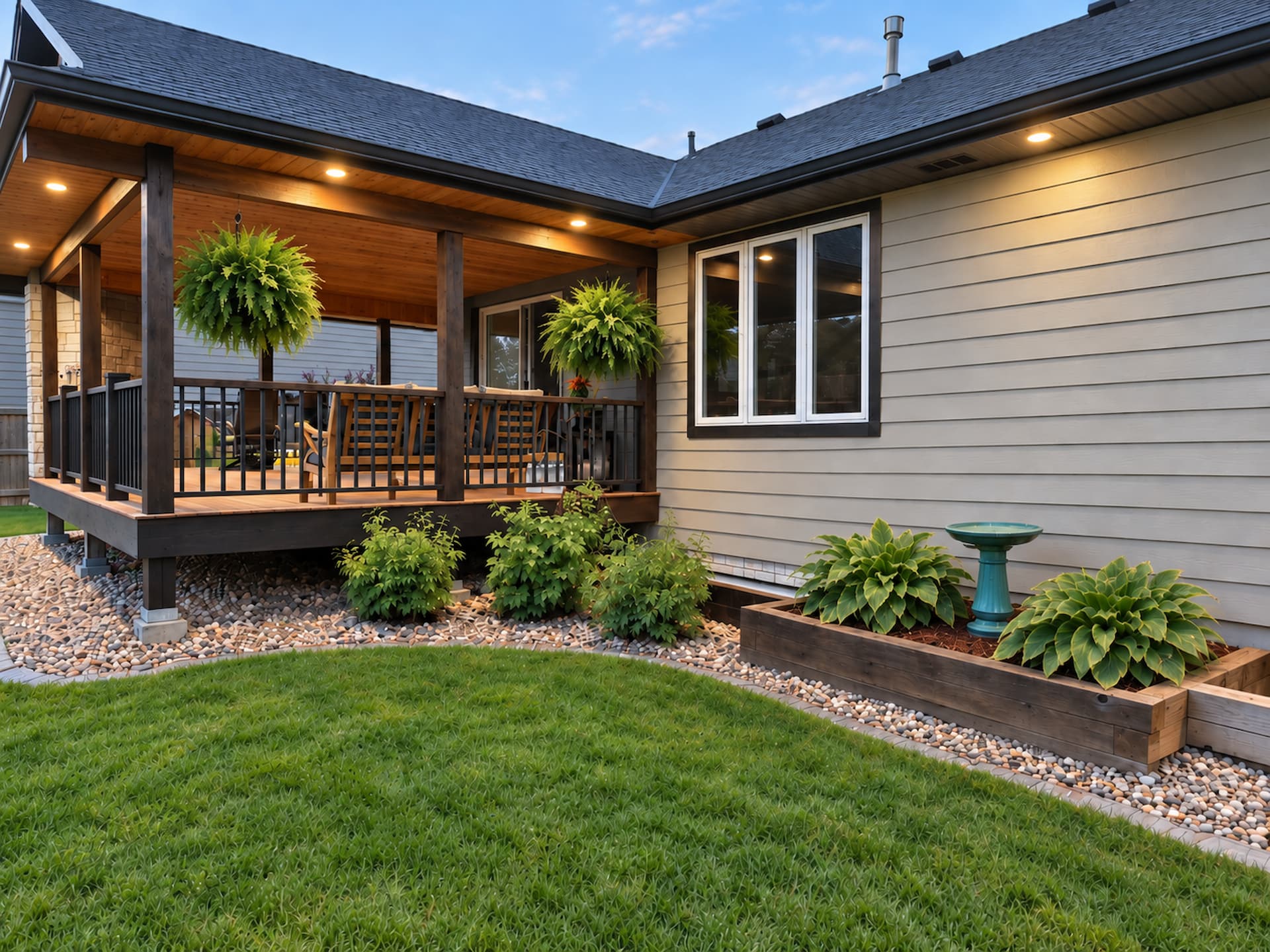 Covered cedar deck with recessed lighting built by Qualified Carpentry in Sioux Falls SD