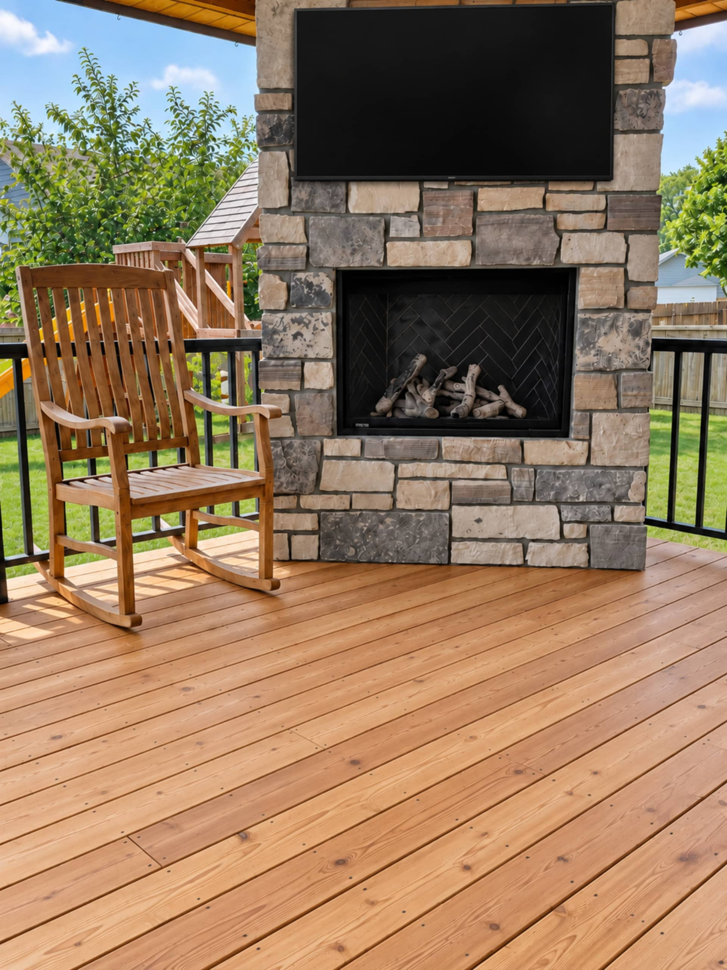 Outdoor stone fireplace and covered deck with cedar plank ceiling built by Qualified Carpentry in Sioux Falls South Dakota